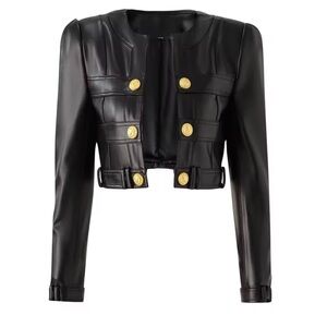 NEW BLACK FAUX LEATHER WOMENS JACKET WITH GOLD BUTTON DETAILS